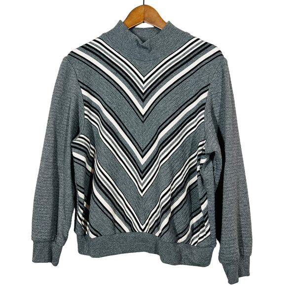Alfred Dunner Ribbed V Knit Top Sweater Pullover Mock Neck Gray Stripe - PXL - Picture 1 of 4